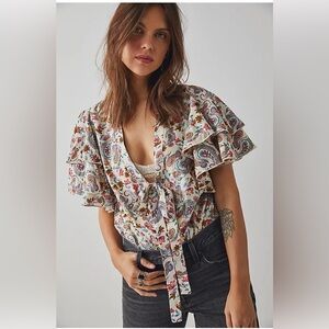 Intimately Free People Bodysuit Call Me Later Paisley Print Tie V Neck Small NWT